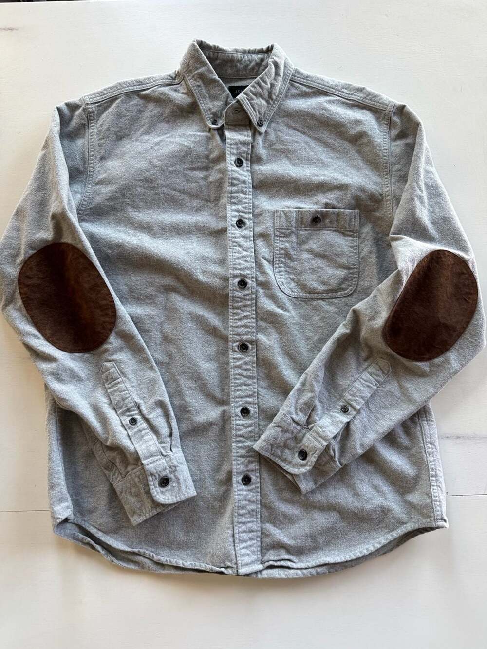 J. Crew Gray Flannel Button-Up Shirt With Suede Elbow Patches